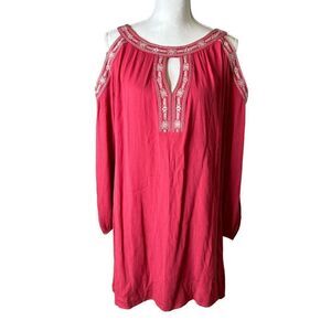 Knox Rose Women’s Cold Shoulder Dark Pink High Low Dress Embroidered Sz L